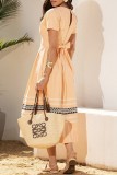 Ginger Casual Patchwork Hollow Out V Neck Short Sleeve Short Sleeve Dress