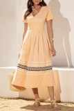 Ginger Casual Patchwork Hollow Out V Neck Short Sleeve Short Sleeve Dress