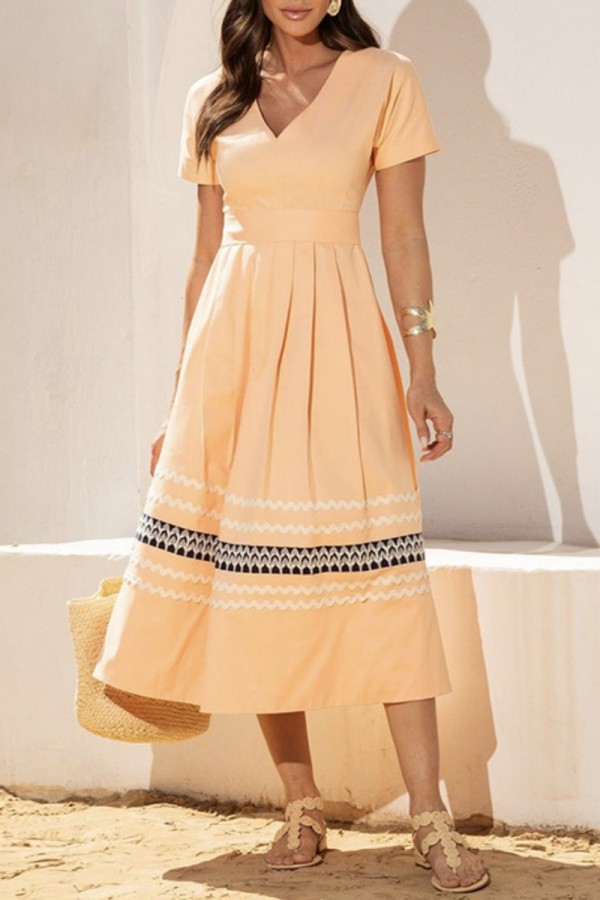 Ginger Casual Patchwork Hollow Out V Neck Short Sleeve Short Sleeve Dress