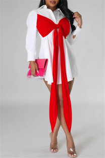 Red Casual Patchwork Buttons Bow Decor Belted Contrast Turndown Collar Shirt Dresses