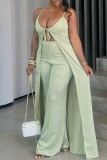 Light Green Sexy Casual Solid Color Backless Belted Spaghetti Strap Sleeveless Two Pieces