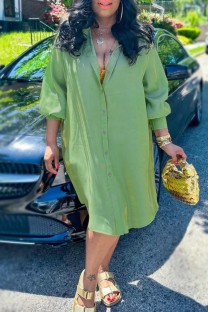 Light Green Casual Solid Color Buttons Turndown Collar Shirt Dresses