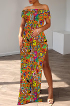 Orange Casual Cartoon Print Slit Off Shoulder Long Dresses