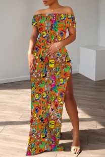 Orange Casual Cartoon Print Slit Off Shoulder Long Dresses