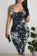 Black Gray Sexy Street Cartoon Print Letters Gradient Contrast U Neck Printed Dresses