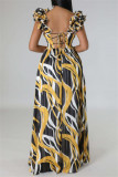 Yellow Casual Print Backless Cross Straps Spaghetti Strap Long Dresses