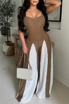Brown Casual Patchwork Backless Contrast Spaghetti Strap Regular Jumpsuits