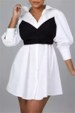 Orange Casual Patchwork Buttons Bow Decor Belted Contrast Turndown Collar Shirt Dresses
