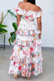 Milky Elegant Print Patchwork Backless Ruffled Trim Off Shoulder Long Dresses