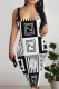 Black White Sexy Street Graffiti Print Letters Contrast U Neck Printed Dresses