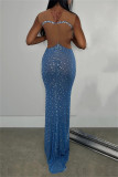 Blue Sexy Patchwork Hot Drilling Slit O Neck Long Dresses