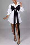 Orange Casual Patchwork Buttons Bow Decor Belted Contrast Turndown Collar Shirt Dresses