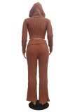 Light Brown Casual Solid Color Zipper Hooded Two Pieces