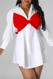 Orange Casual Patchwork Buttons Bow Decor Belted Contrast Turndown Collar Shirt Dresses