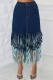 Deep Blue Casual Solid Color Fringed Trim A Line Plus Size High Waist Denim Skirt