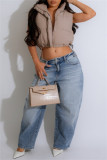 Apricot Casual Solid Color Zipper Mandarin Collar Outerwear