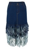 Deep Blue Casual Solid Color Fringed Trim A Line Plus Size High Waist Denim Skirt