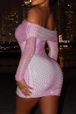 Pink Sexy Gradient Color Sequins Patchwork Backless Off Shoulder Wrapped Skirt Dresses
