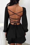 Black Sexy Solid Color Patchwork Backless Cross Straps Strap Design Asymmetrical Collar A Line Dresses