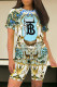 Light Blue Casual Street Plaid Floral Print Letters Contrast O Neck Short Sleeve Two Pieces