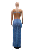 Blue Sexy Patchwork Hot Drilling Slit O Neck Long Dresses