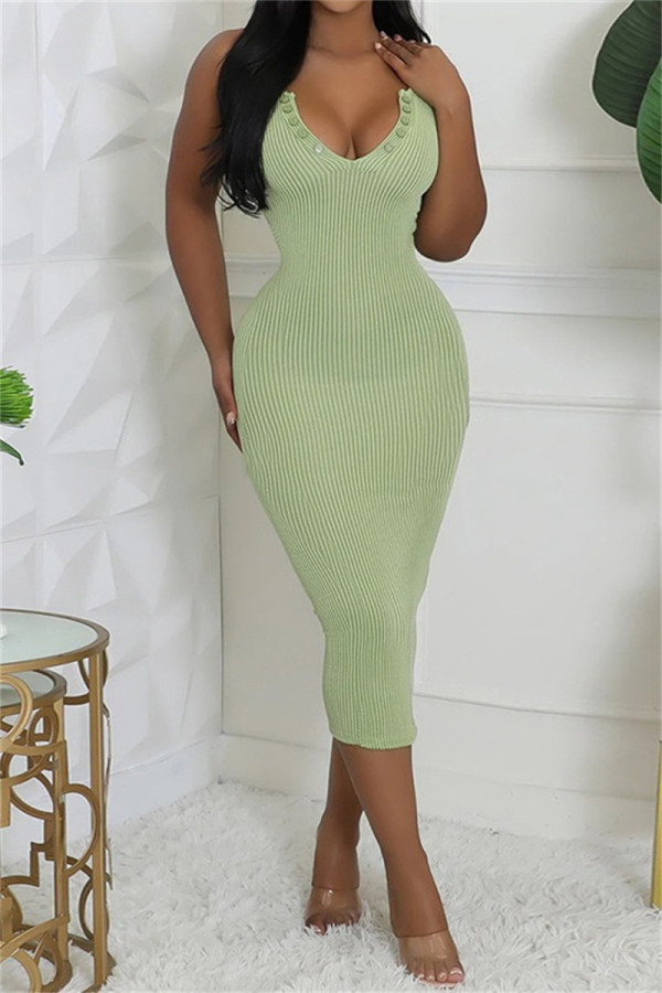 Light Green Casual Solid Color Basic V Neck Vest Dresses