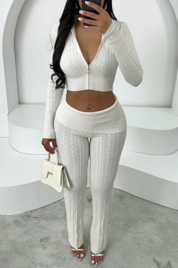 White Casual Solid Color Zipper Hooded Two Pieces
