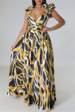 Yellow Casual Print Backless Cross Straps Spaghetti Strap Long Dresses