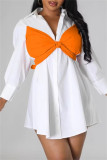 Orange Casual Patchwork Buttons Bow Decor Belted Contrast Turndown Collar Shirt Dresses