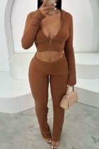 Light Brown Casual Solid Color Zipper Hooded Two Pieces