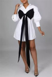 Orange Casual Patchwork Buttons Bow Decor Belted Contrast Turndown Collar Shirt Dresses