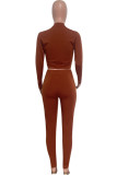 Light Brown Sexy Hot Solid Color Irregular Half A Turtleneck Long Sleeve Two Pieces (Without Belt)