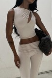 Light Gray Sexy Hot Solid Color Hollow Out O Neck Sleeveless Two Pieces