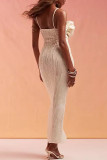 Apricot Elegant Solid Color Hollow Out Patchwork Flower Shape Spaghetti Strap Sling Dresses