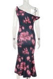 Pink Elegant Print Patchwork Backless Oblique Collar Dresses
