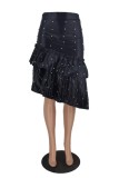Black Casual Solid Color Beading Irregular Bodycon High Waist Conventional Patchwork Bottoms