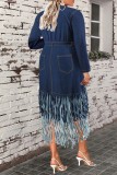 Deep Blue Casual Solid Color Fringed Trim Buttons Turndown Collar Denim Plus Size Dresses