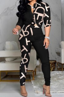 Black Casual Letter Print Patchwork Shirt Collar Plus Size Two Pieces