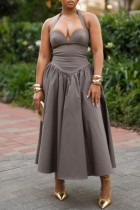 Dark Gray Sexy Hot Solid Color Backless Belted Halter Long Dresses