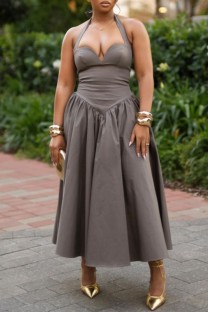 Dark Gray Sexy Hot Solid Color Backless Belted Halter Long Dresses