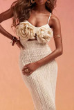 Apricot Elegant Solid Color Hollow Out Patchwork Flower Shape Spaghetti Strap Sling Dresses