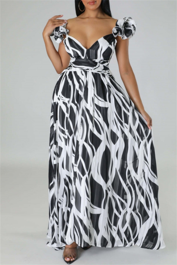 White Casual Print Backless Cross Straps Spaghetti Strap Long Dresses