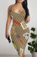 Brown Sexy Street Zebra Print Cartoon Print Flowers Letters Contrast U Neck Printed Dresses