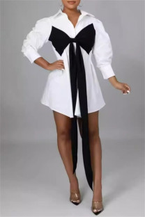 Black Casual Patchwork Buttons Bow Decor Belted Contrast Turndown Collar Shirt Dresses