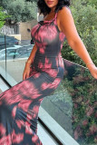 Pink Elegant Print Patchwork Backless Oblique Collar Dresses