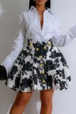 White Casual Floral Print Buttons Shirt Collar Long Sleeve Two Pieces