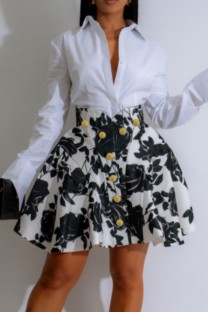 White Casual Floral Print Buttons Shirt Collar Long Sleeve Two Pieces