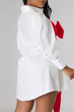 Orange Casual Patchwork Buttons Bow Decor Belted Contrast Turndown Collar Shirt Dresses