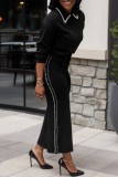 Black Casual Patchwork Pearls Decor Turndown Collar Long Sleeve Two Pieces