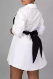 Orange Casual Patchwork Buttons Bow Decor Belted Contrast Turndown Collar Shirt Dresses